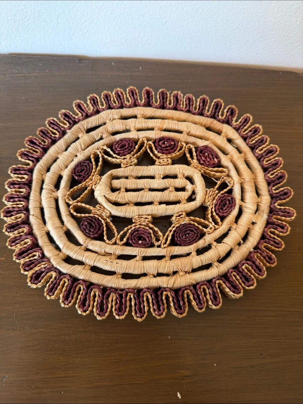 Handwoven Straw Trivet with Maroon Accents